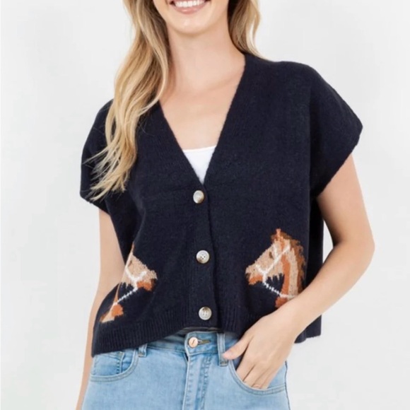 Sweaters - Navy Cardigan with Horse Design